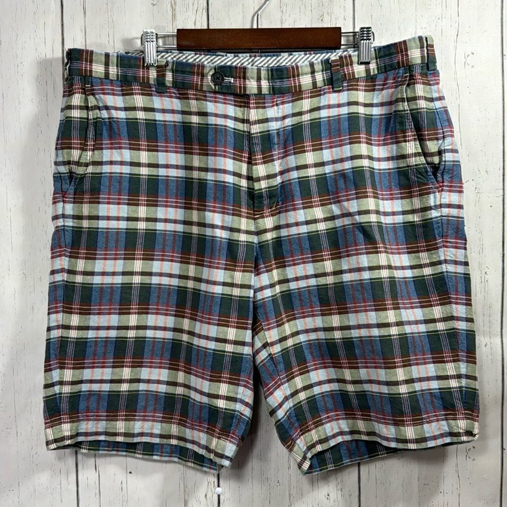Brooks Brothers Mens Linen Blend Chino Flat Front Plaid Casual Pockets